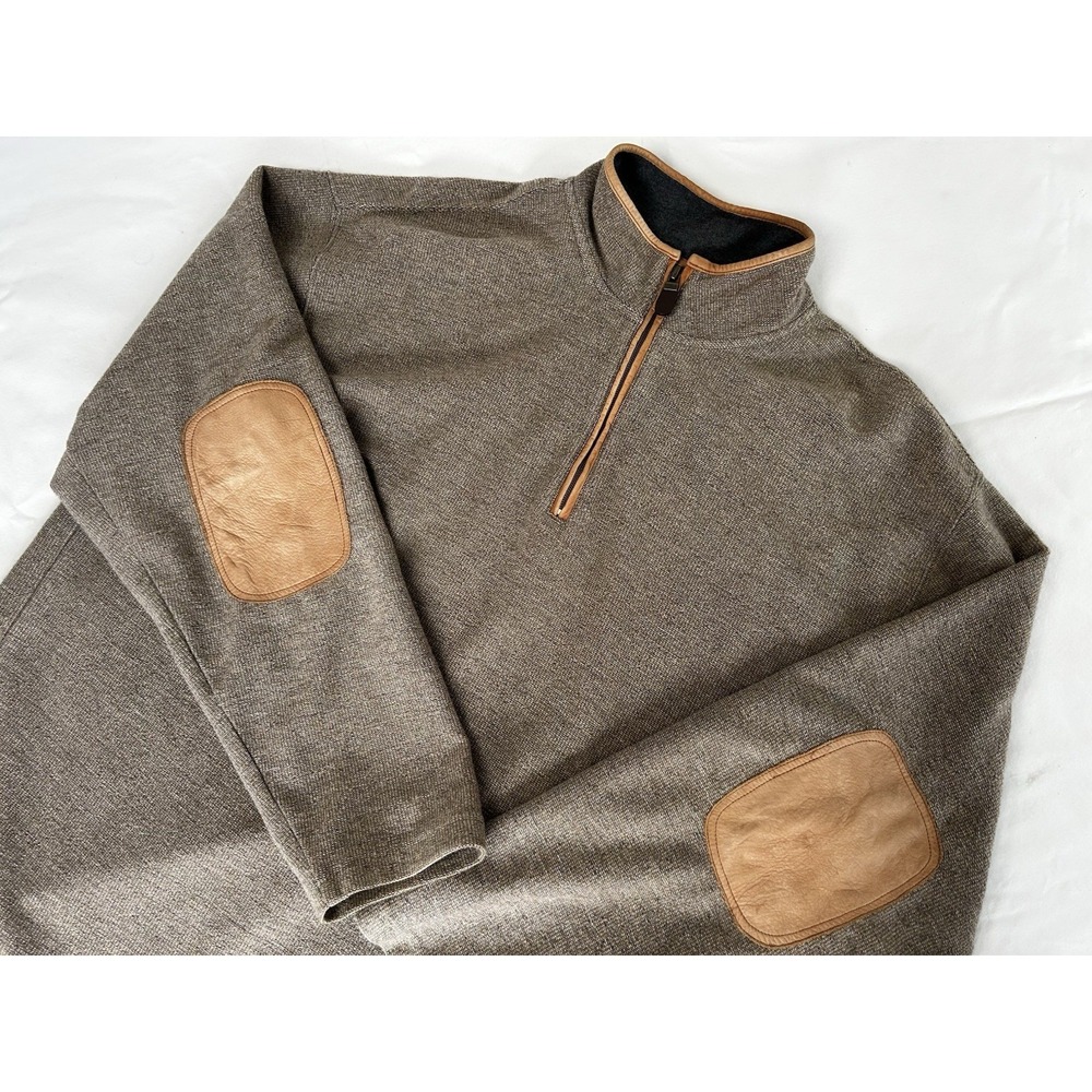 ORVIS Men's XL Brown Leather Elbow Patch & Trim 1/4 Zip Pullover Sweater